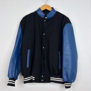Vintage Varsity Jacket Mens 40 Black Wool Blue Leather Made in Canada Collegiate